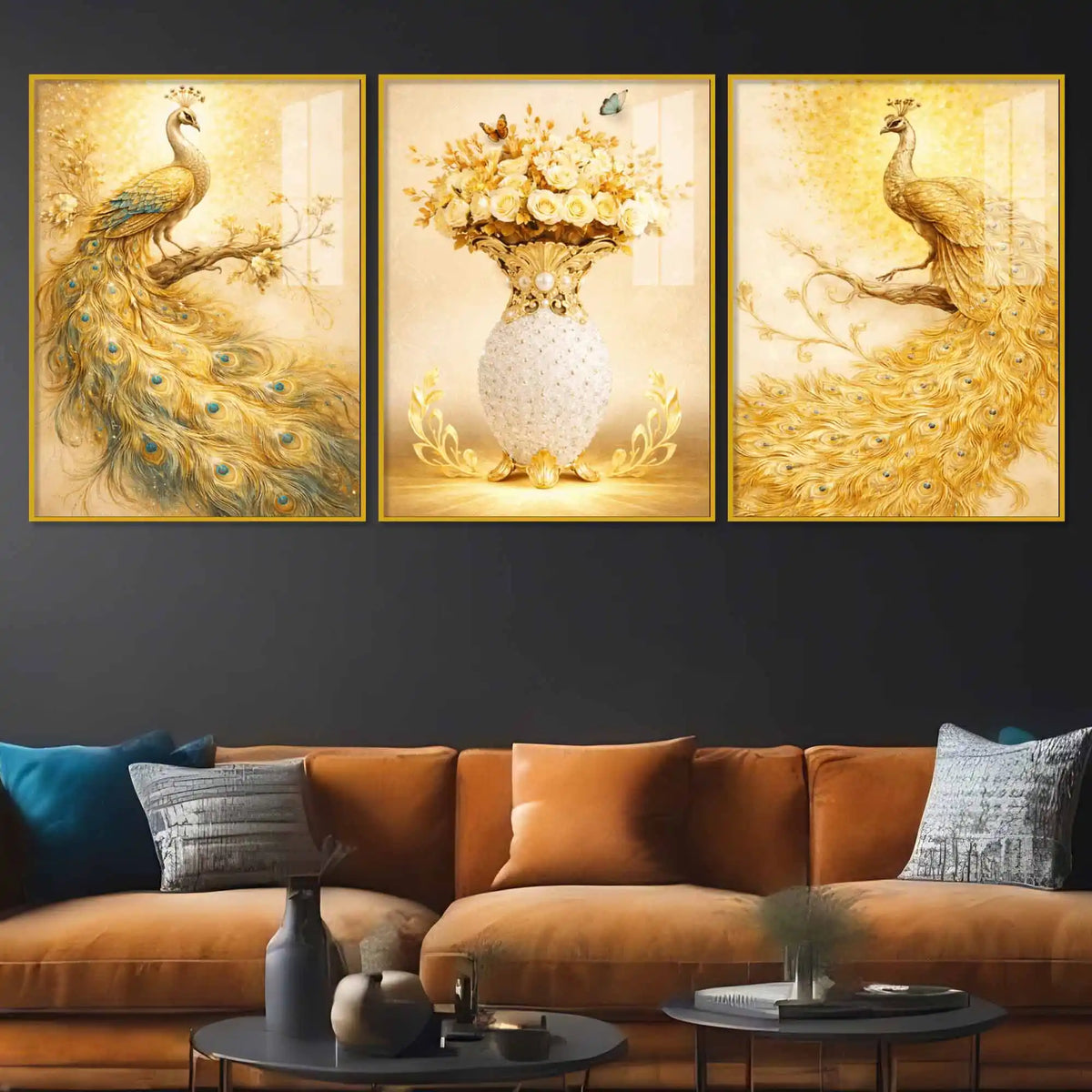 Elegant Peacock and Flower Vase Floating Acrylic Wall Painting Set of 3