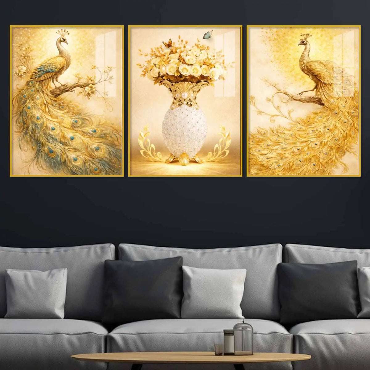 Elegant Peacock and Flower Vase Floating Acrylic Wall Painting Set of 3