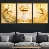 Elegant Peacock and Flower Vase Floating Acrylic Wall Painting Set of 3