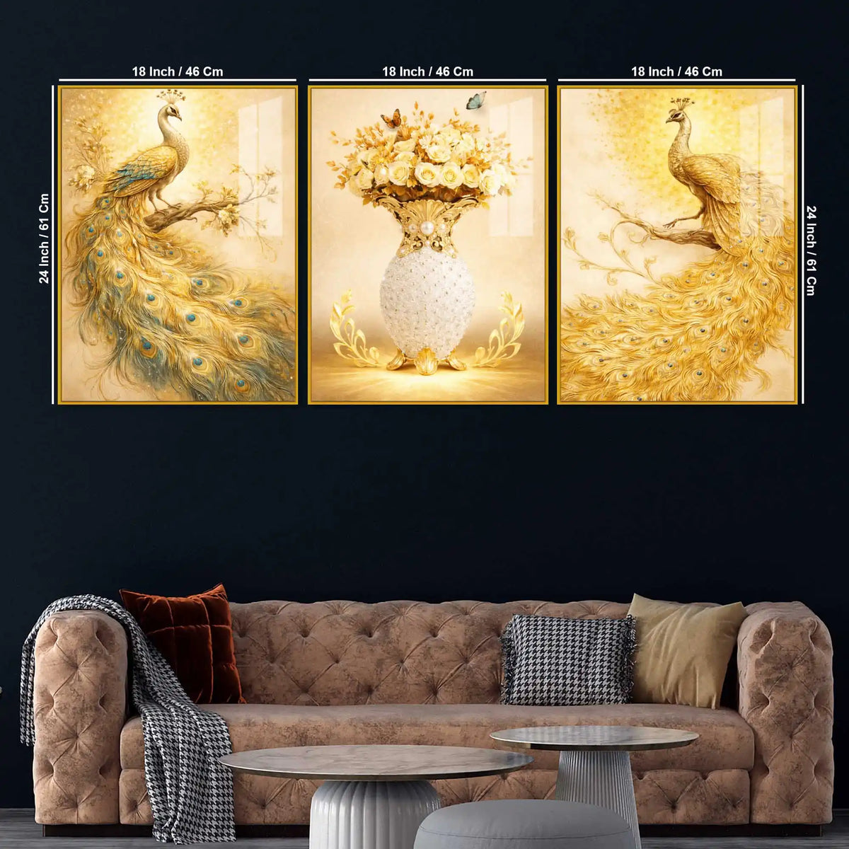 Elegant Peacock and Flower Vase Floating Acrylic Wall Painting Set of 3