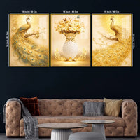 Elegant Peacock and Flower Vase Floating Acrylic Wall Painting Set of 3