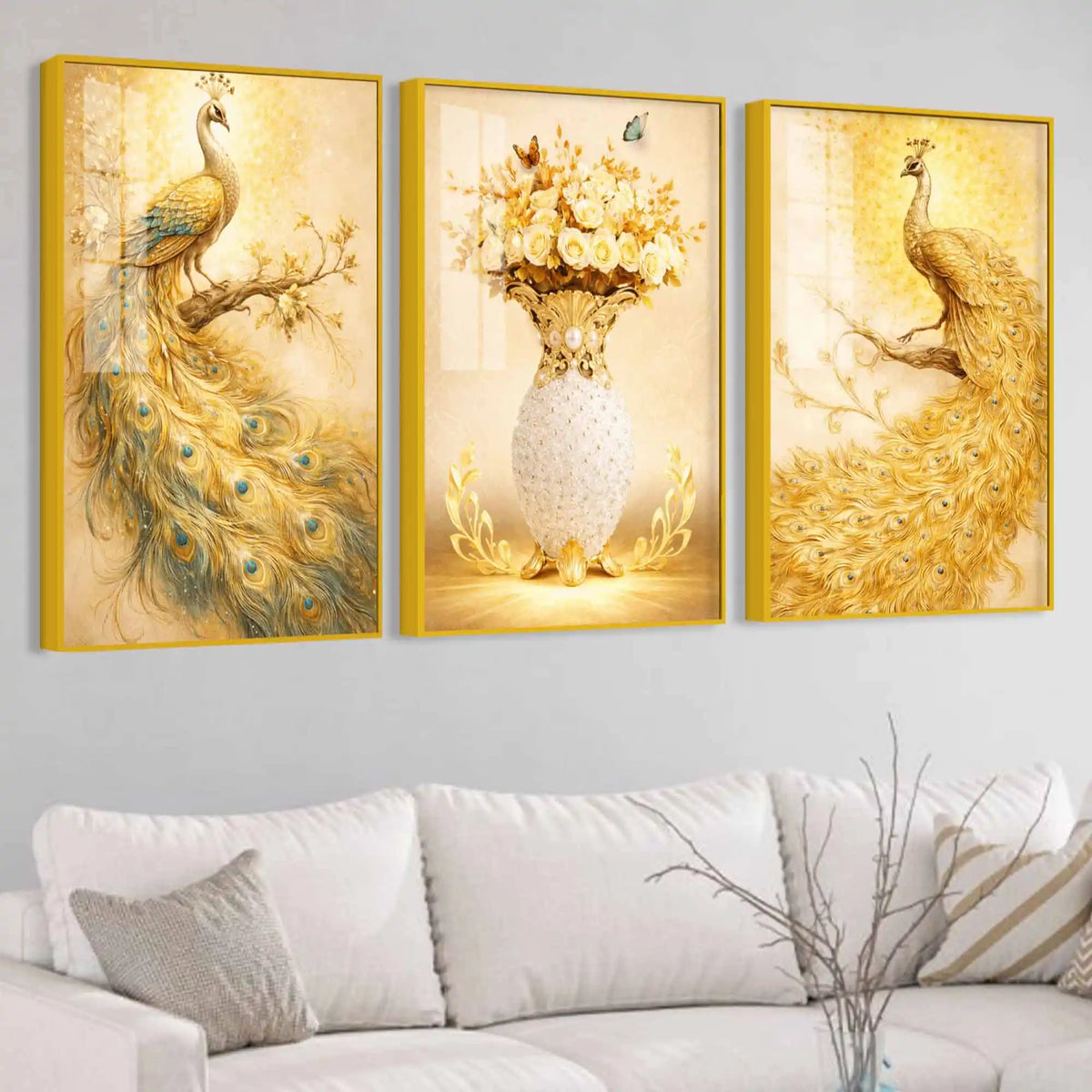 Elegant Peacock and Flower Vase Floating Acrylic Wall Painting Set of 3