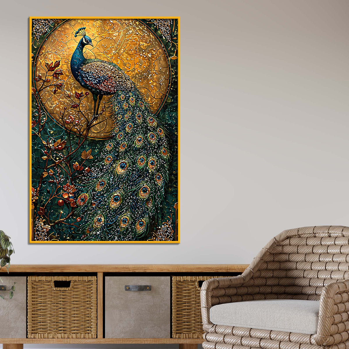 Elegant Peacock Floating Frame Crystal Wall Painting