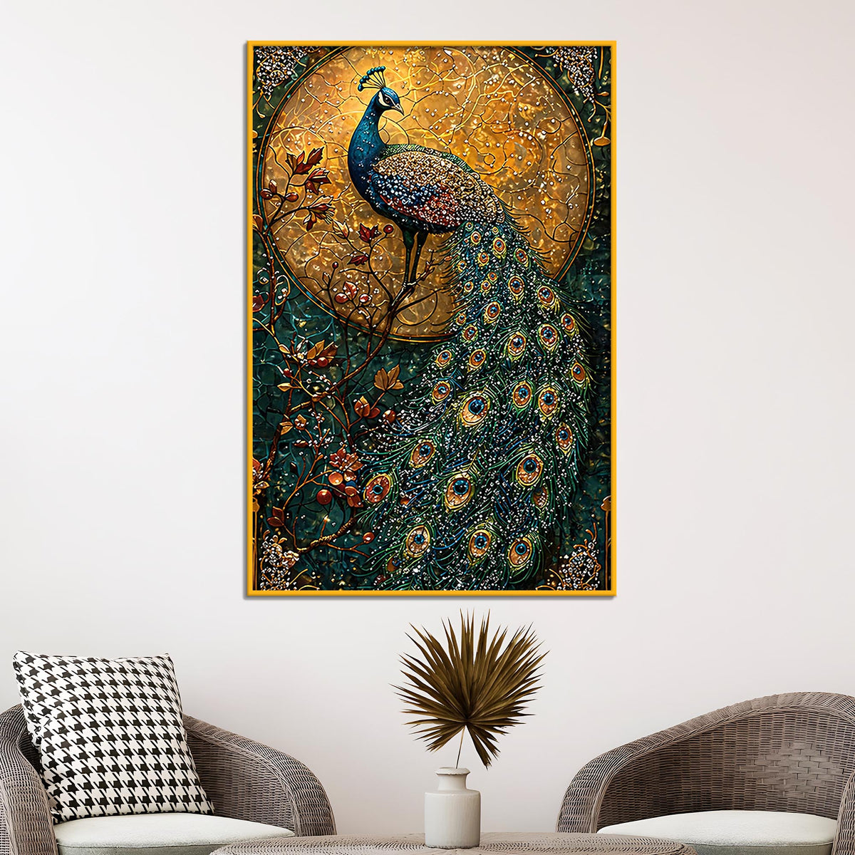 Elegant Peacock Floating Frame Crystal Wall Painting