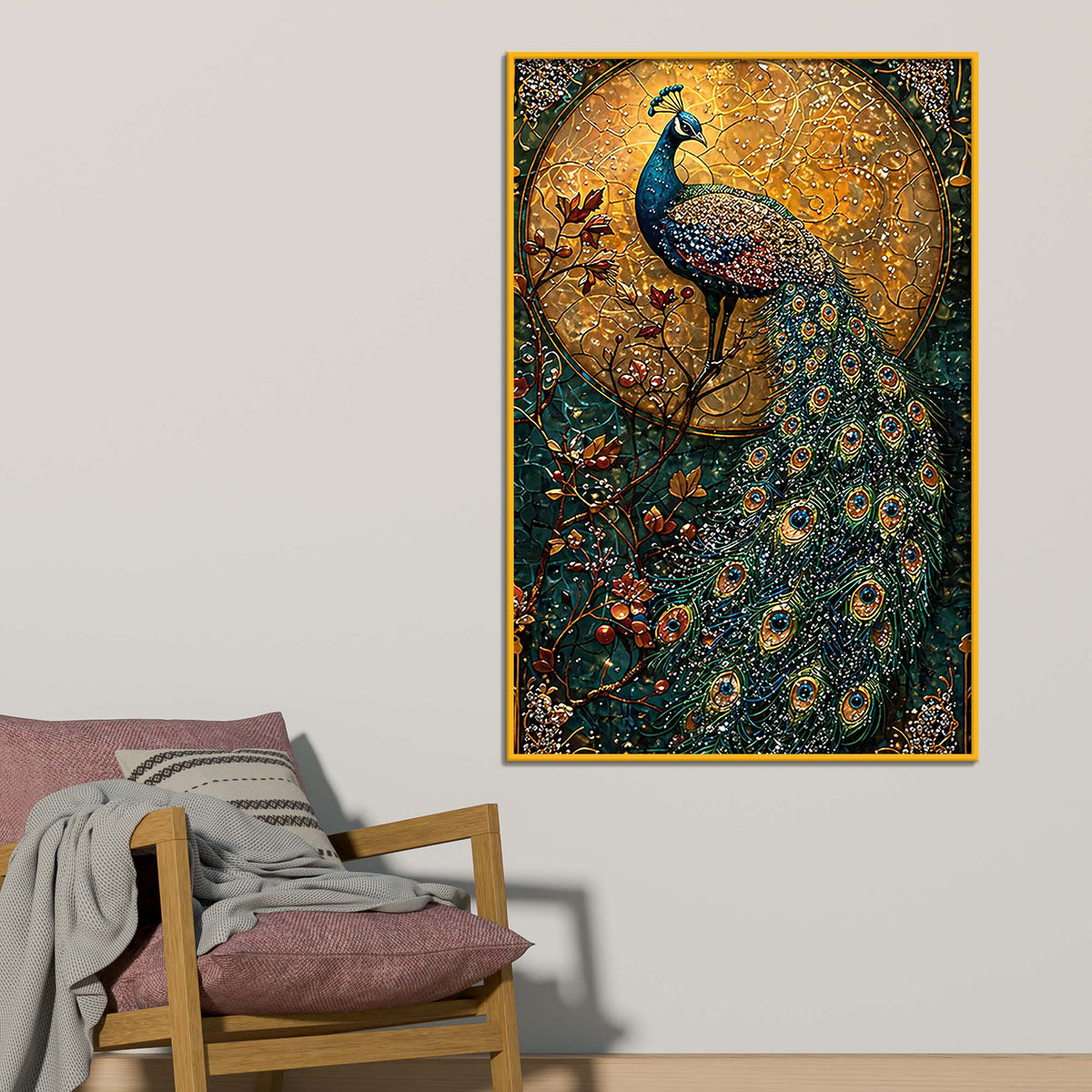 Elegant Peacock Floating Frame Crystal Wall Painting