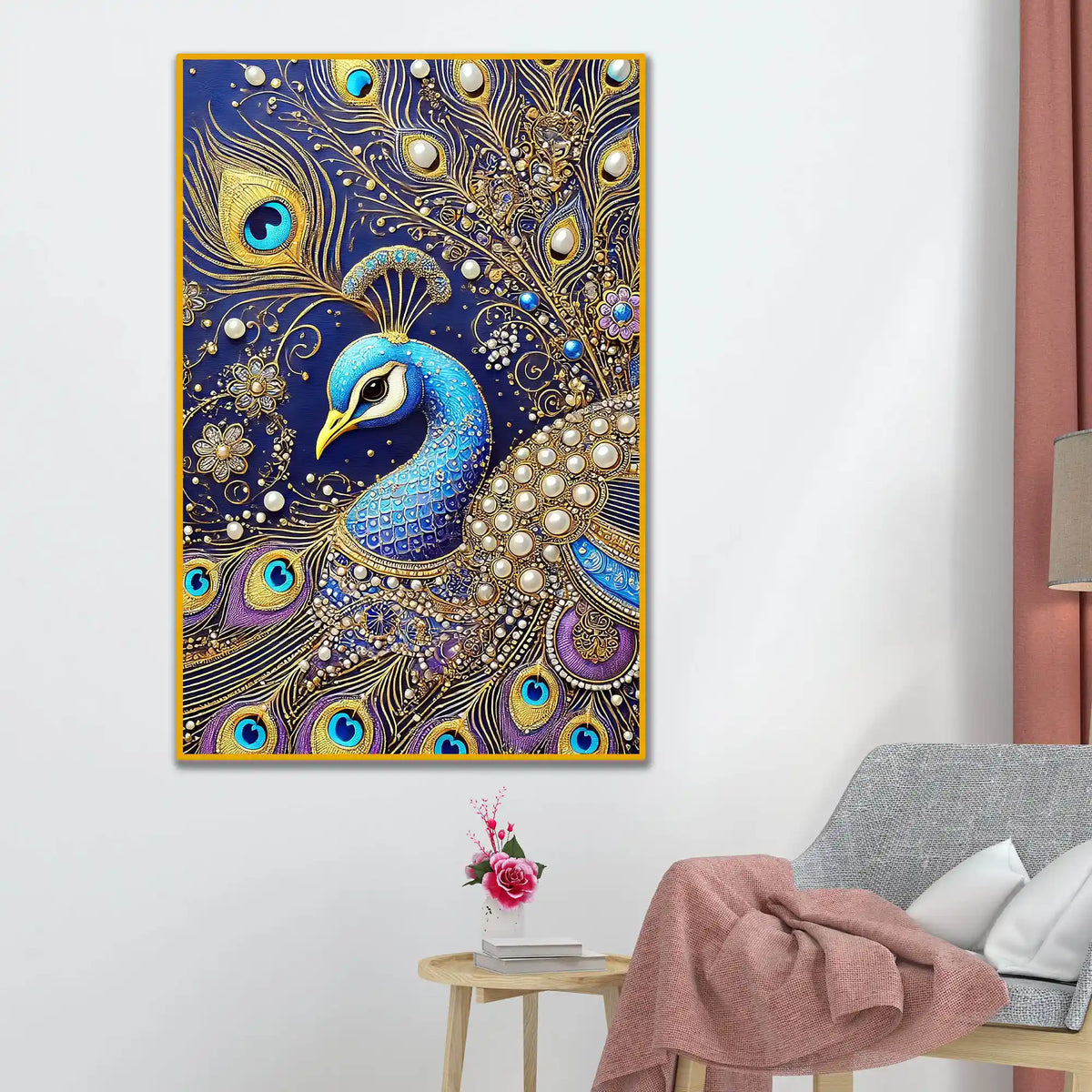 Elegant Peacock Painting Floating Frame Crystal Wall Painting