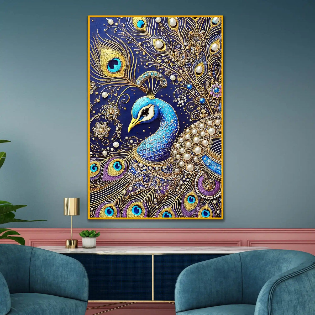 Elegant Peacock Painting Floating Frame Crystal Wall Painting