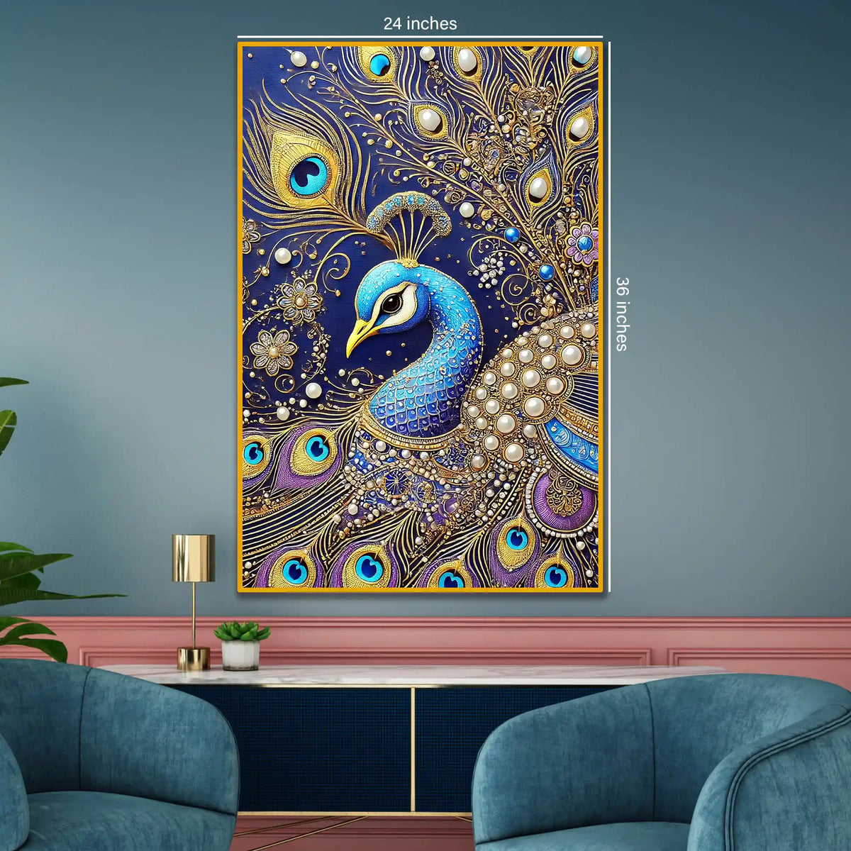 Elegant Peacock Painting Floating Frame Crystal Wall Painting