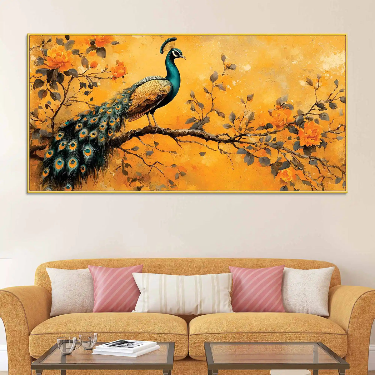 Elegant Peacock Sitting On Floral Branch Canvas Wall Painting