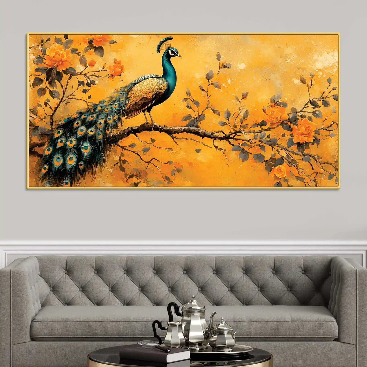 Elegant Peacock Sitting On Floral Branch Canvas Wall Painting
