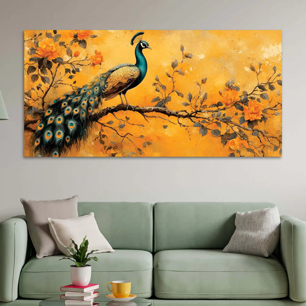 Elegant Peacock Sitting On Floral Branch Canvas Wall Painting