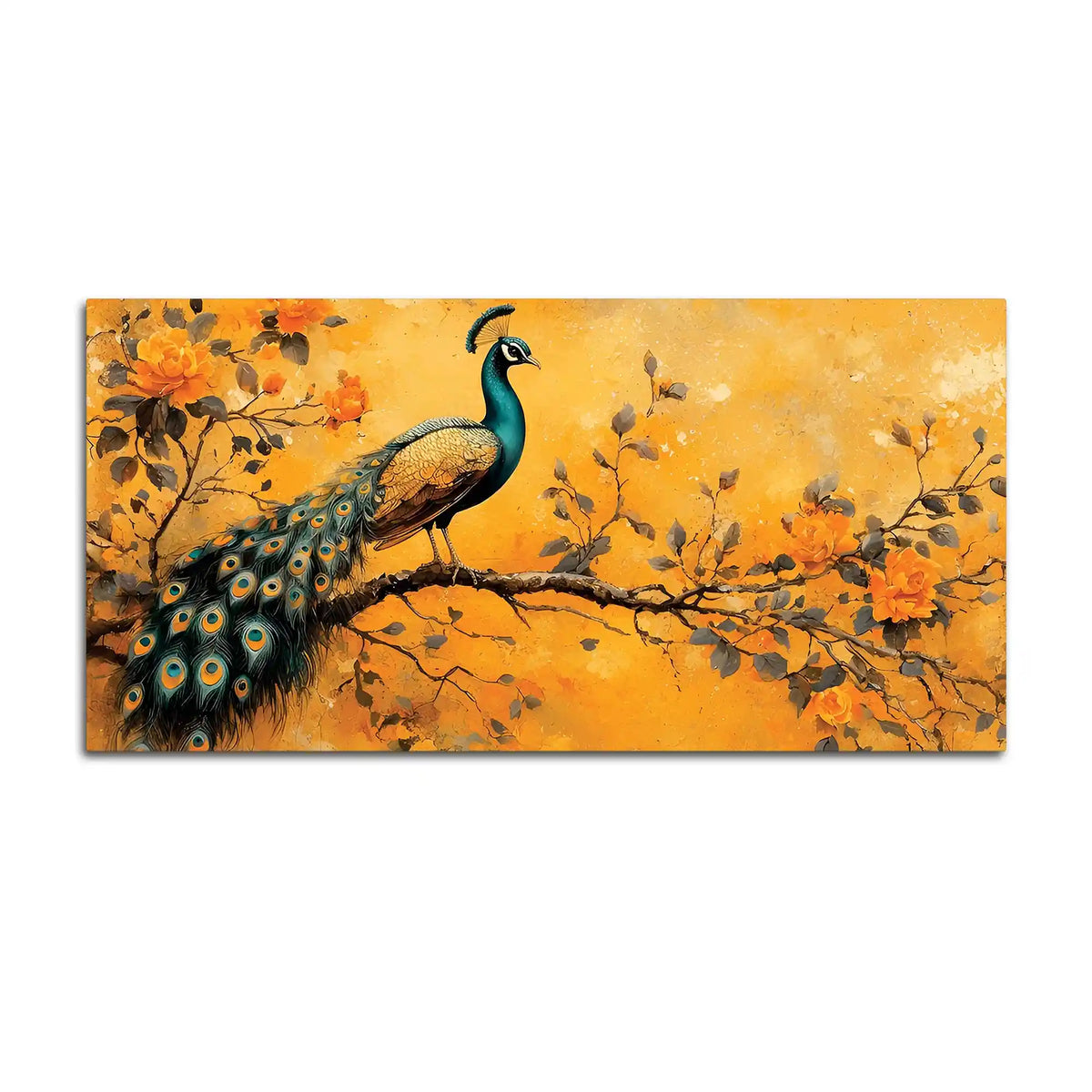 Elegant Peacock Sitting On Floral Branch Canvas Wall Painting