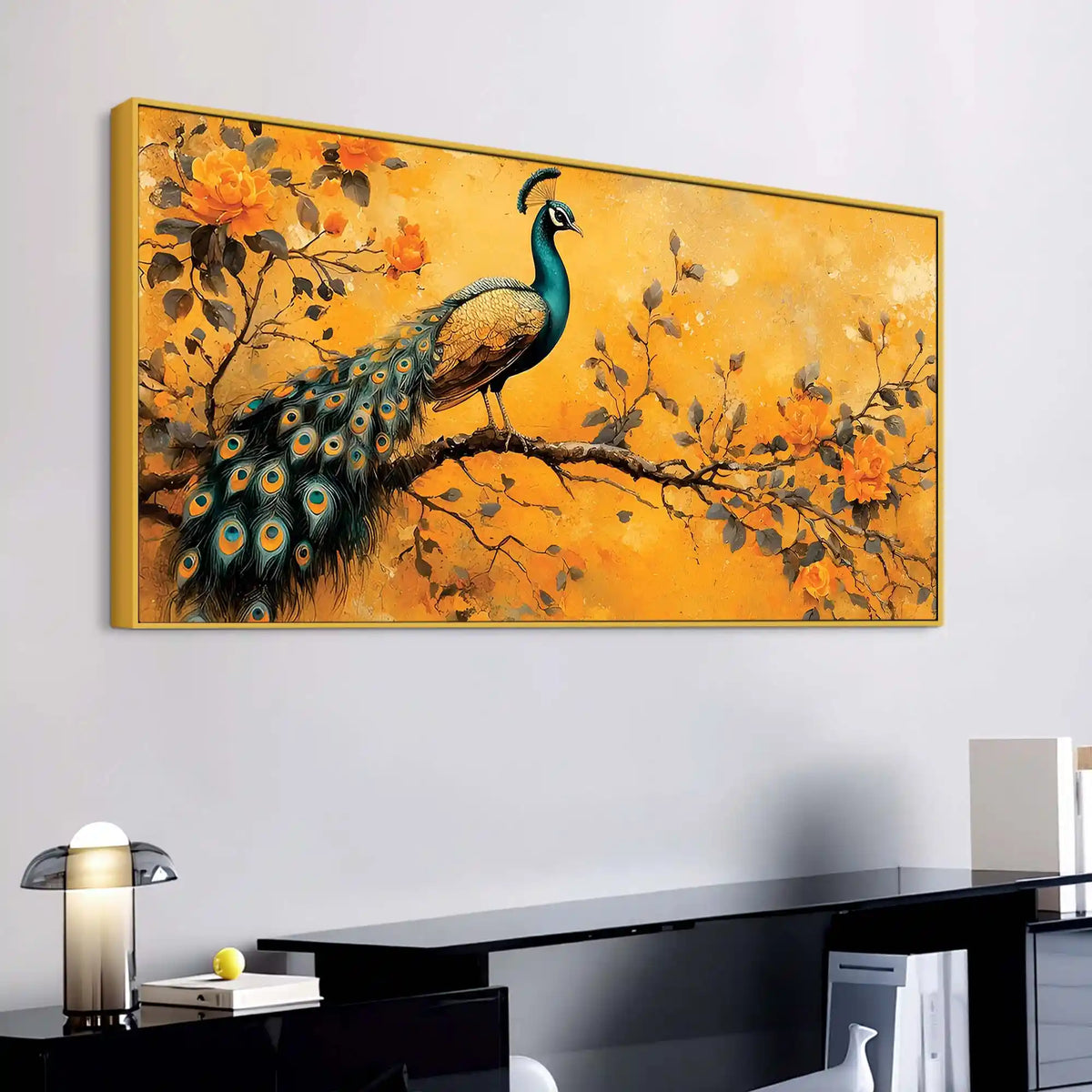 Elegant Peacock Sitting On Floral Branch Canvas Wall Painting