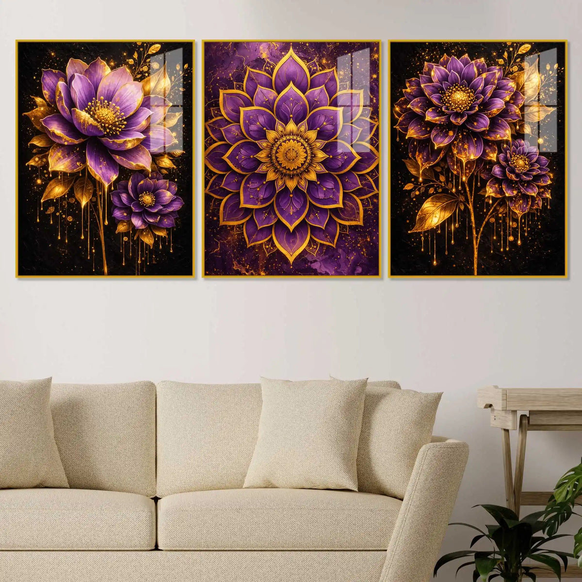 Elegant Purple Blossom Acrylic Floating Wall Painting Set of 3