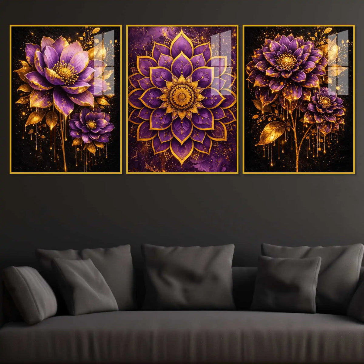 Elegant Purple Blossom Acrylic Floating Wall Painting Set of 3