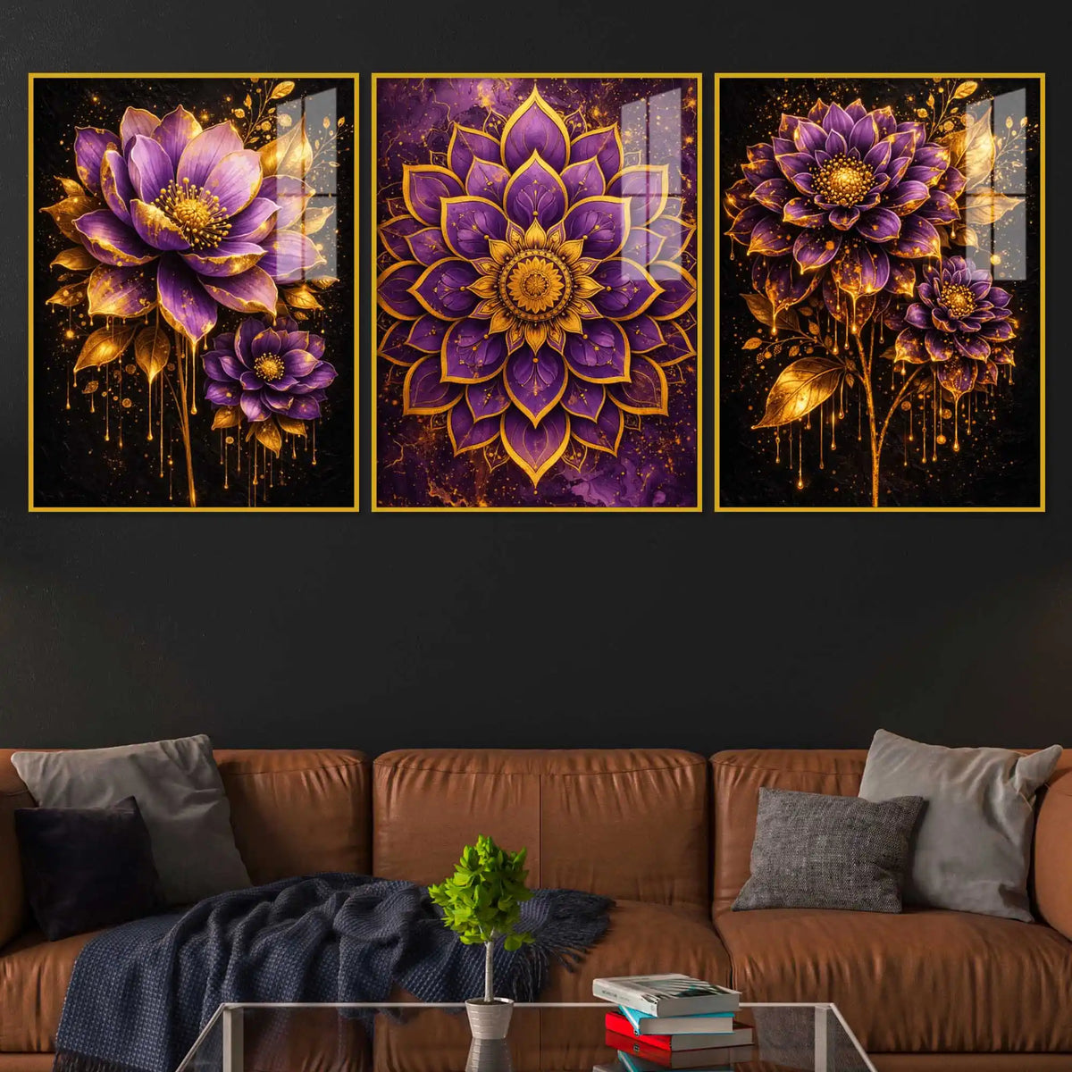 Elegant Purple Blossom Acrylic Floating Wall Painting Set of 3