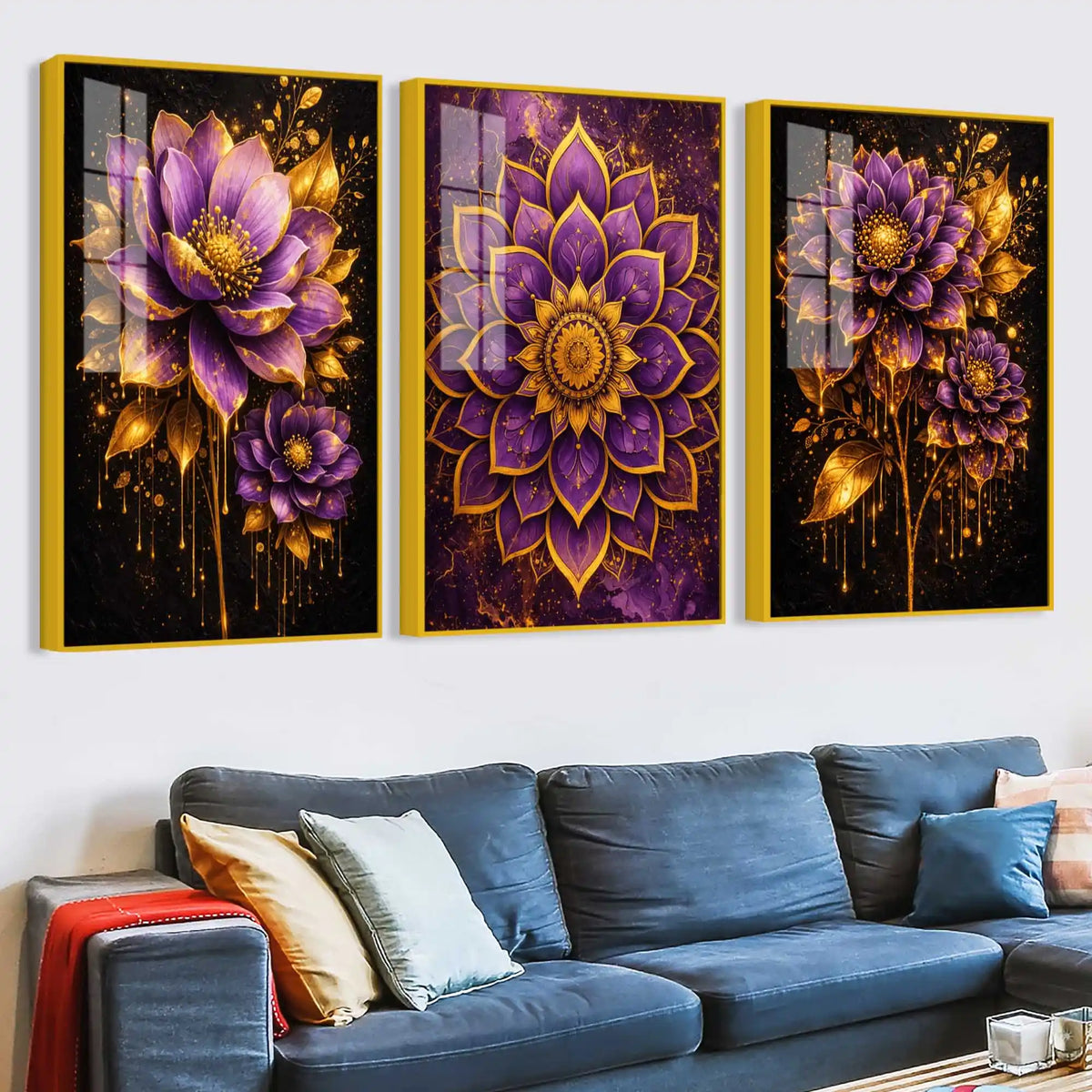 Elegant Purple Blossom Acrylic Floating Wall Painting Set of 3