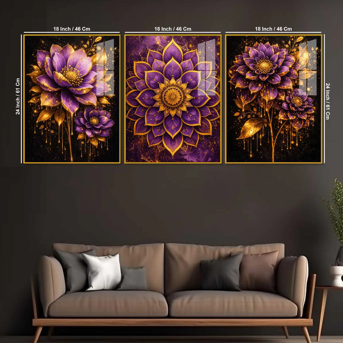 Elegant Purple Blossom Acrylic Floating Wall Painting Set of 3