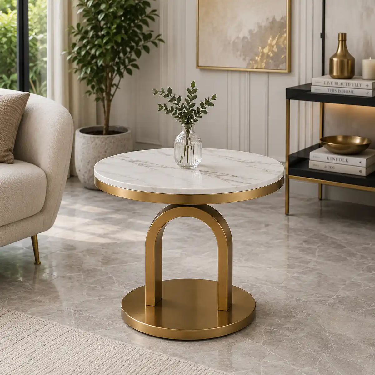 Elegant Round Center Table with White Marble Top