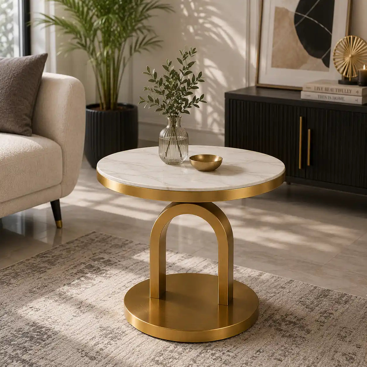 Elegant Round Center Table with White Marble Top