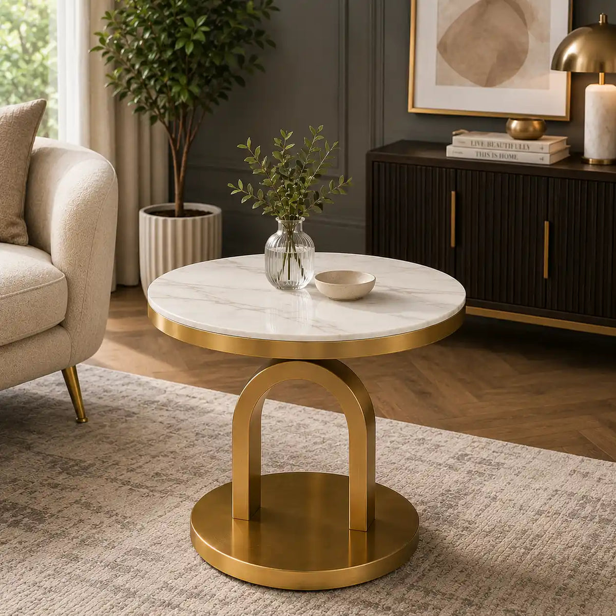 Elegant Round Center Table with White Marble Top