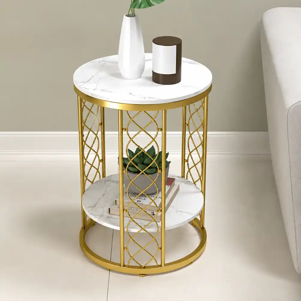 Elegant Round Side Table with Double Marble Look Shelves