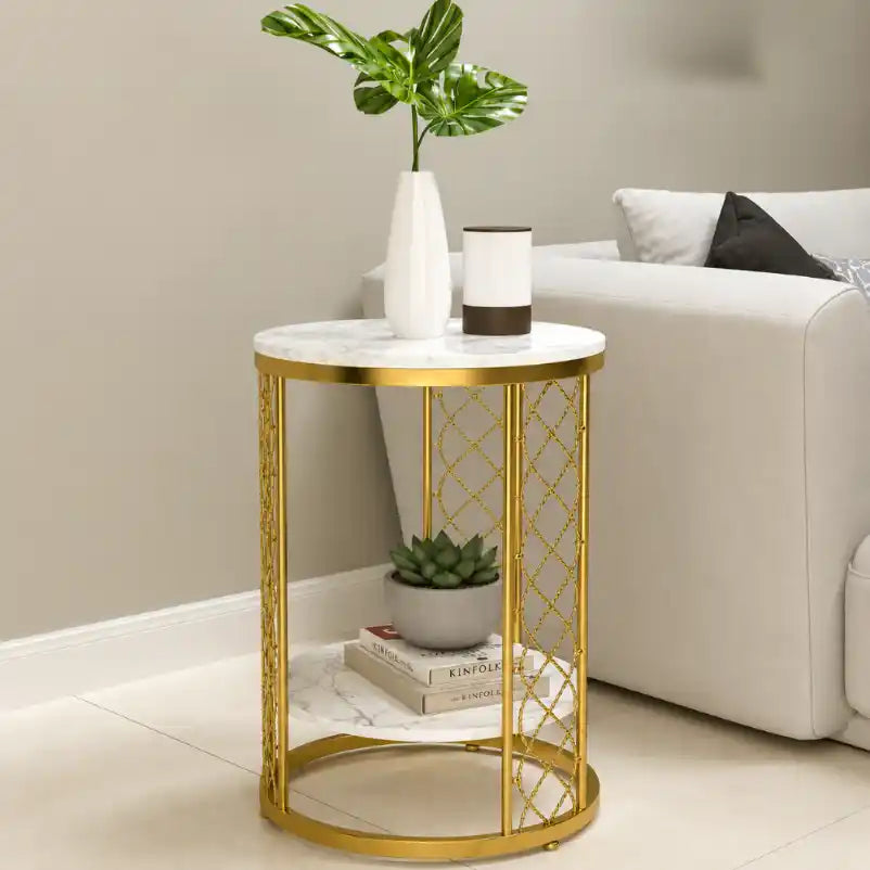 Elegant Round Side Table with Double Marble Look Shelves