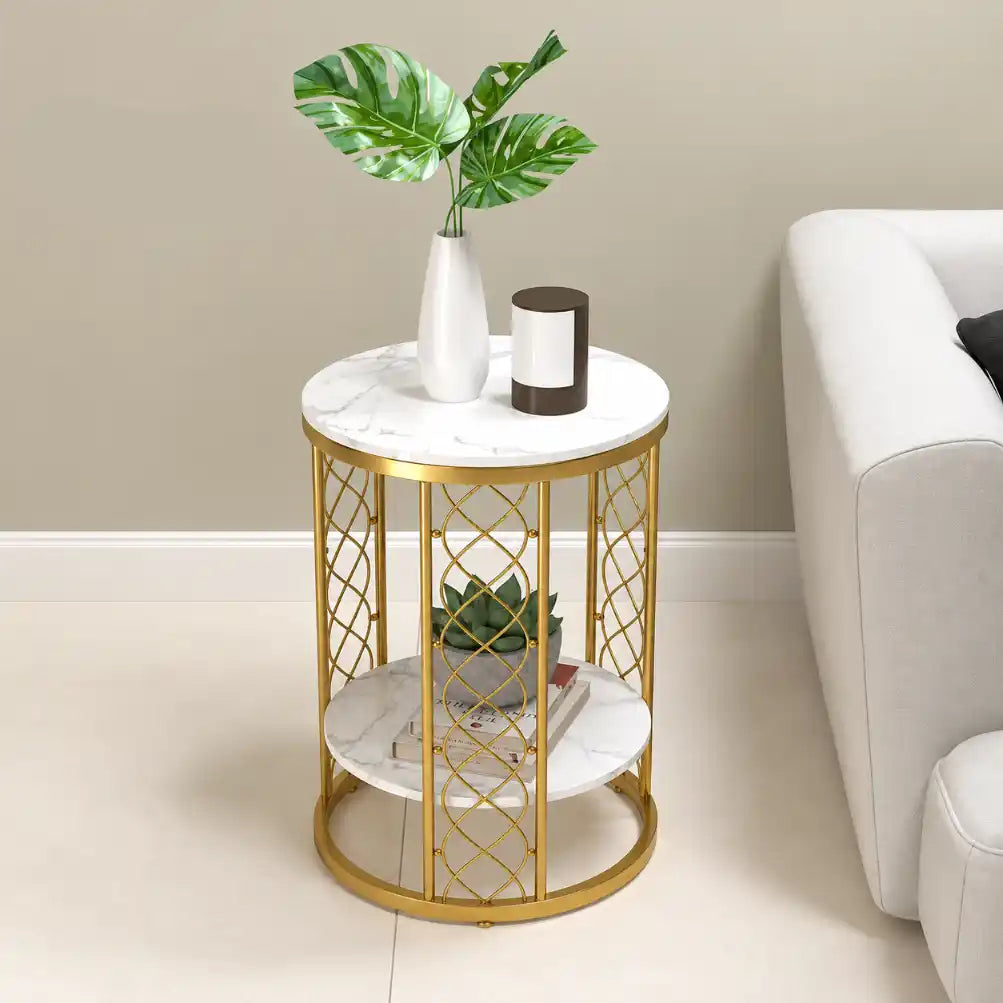 Elegant Round Side Table with Double Marble Look Shelves