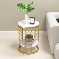 Elegant Round Side Table with Double Marble Look Shelves
