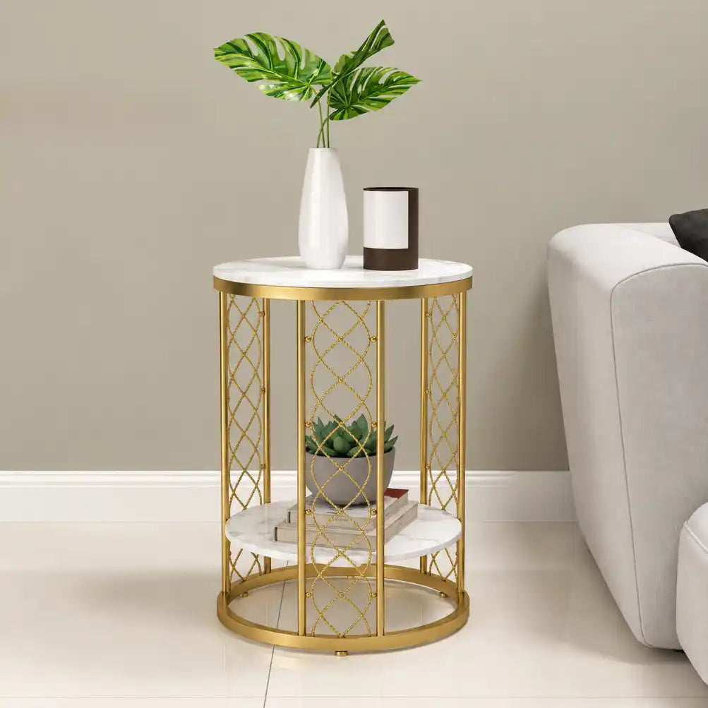 Elegant Round Side Table with Double Marble Look Shelves