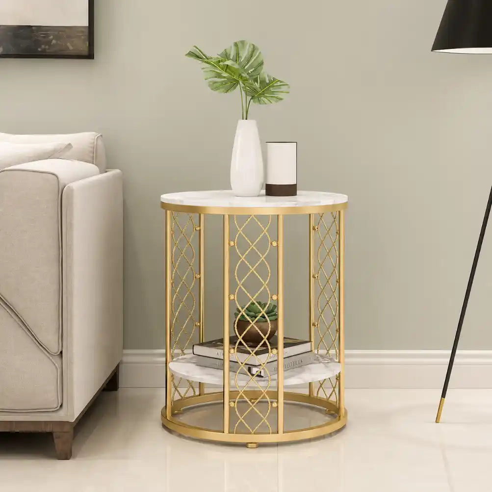 Elegant Round Side Table with Double Marble Look Shelves