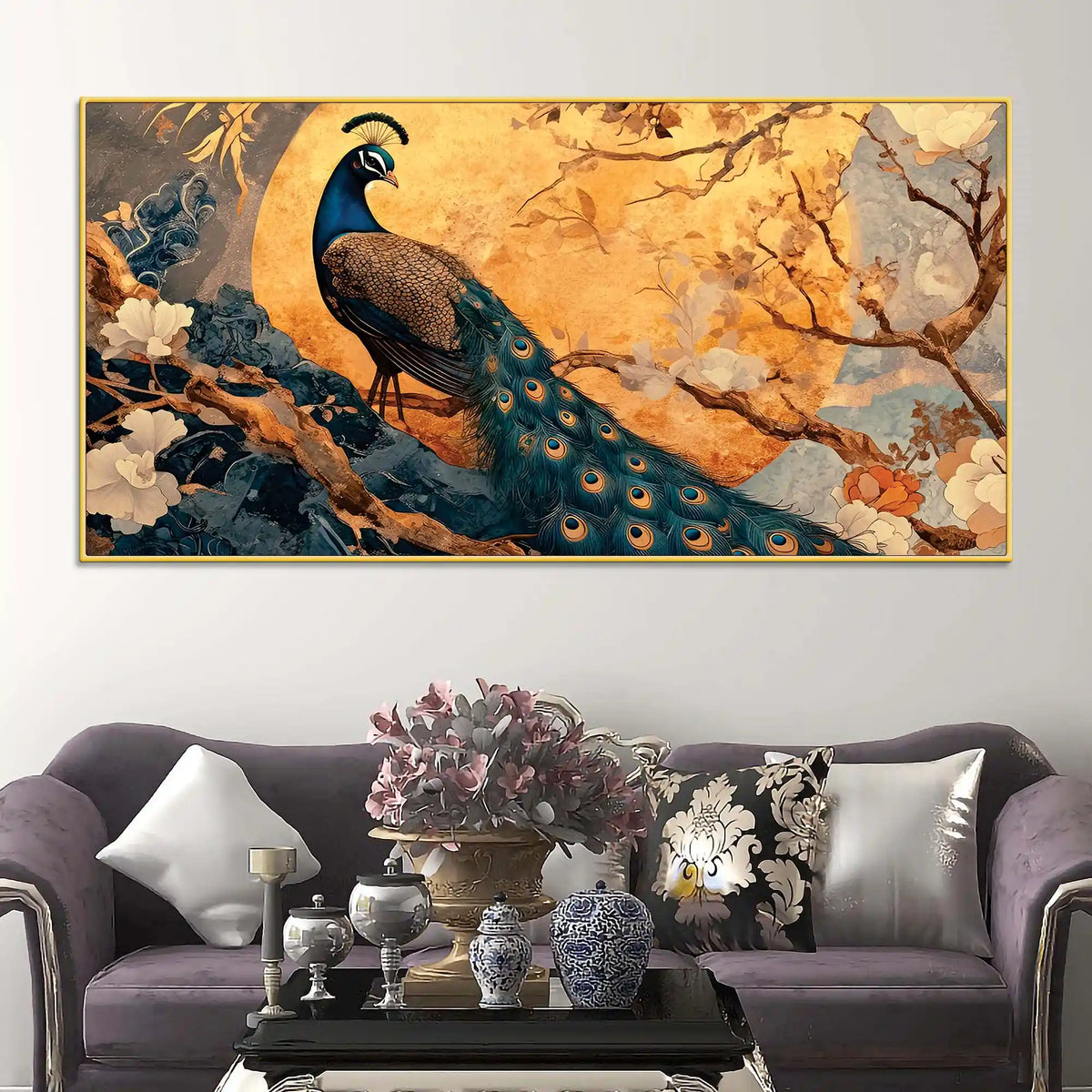 Elegant Royal Peacock Under a Golden Full Moon Canvas Wall Painting