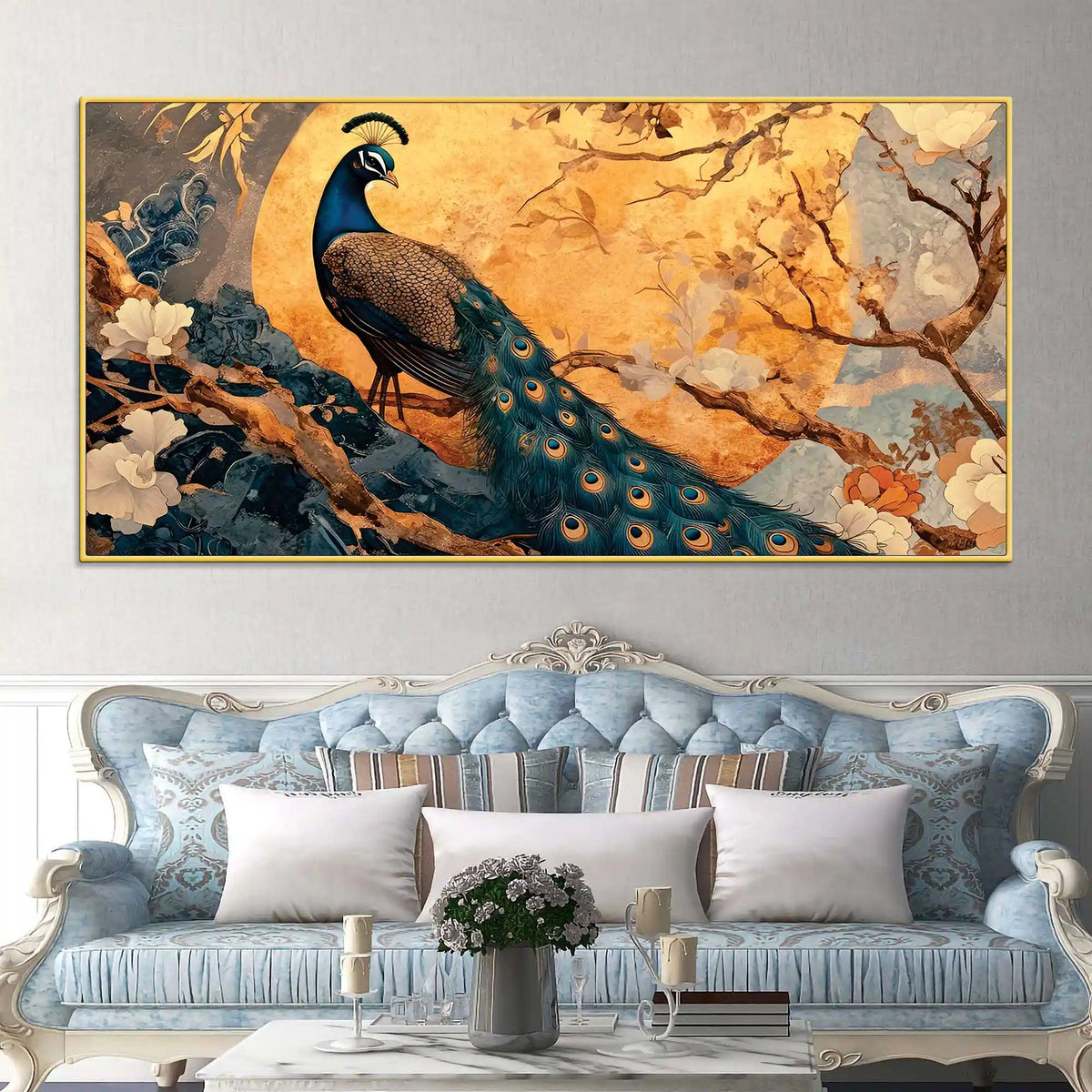 Elegant Royal Peacock Under a Golden Full Moon Canvas Wall Painting