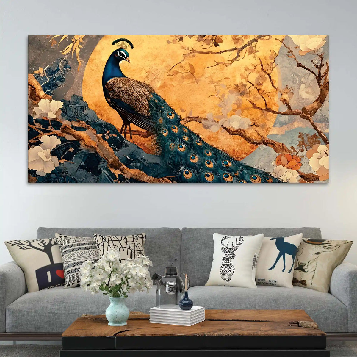 Elegant Royal Peacock Under a Golden Full Moon Canvas Wall Painting