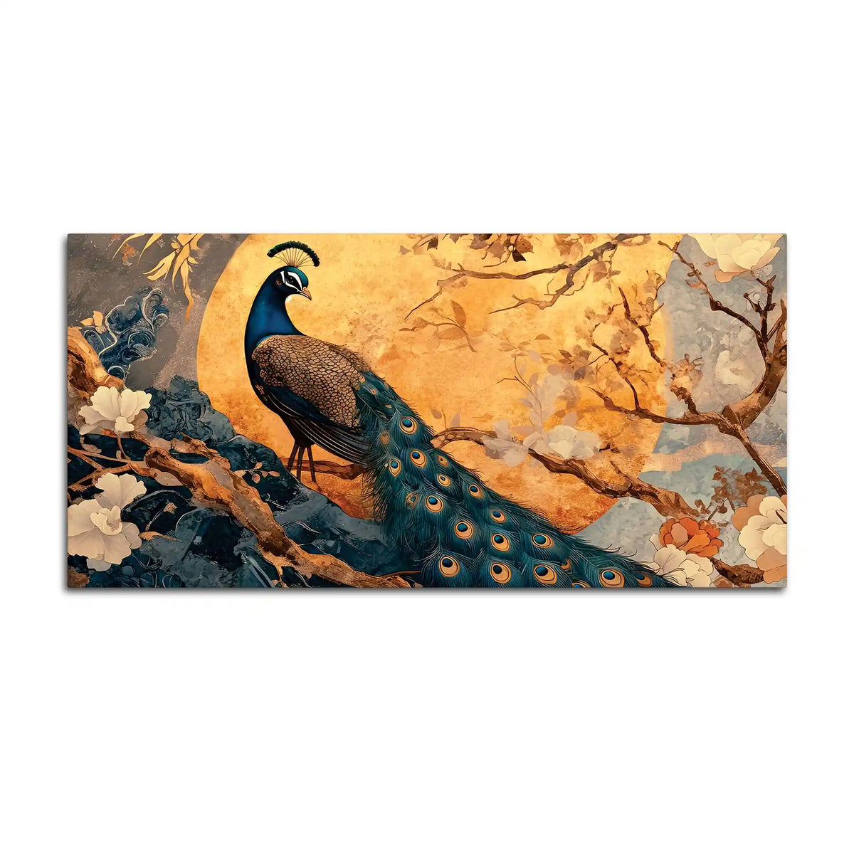 Elegant Royal Peacock Under a Golden Full Moon Canvas Wall Painting