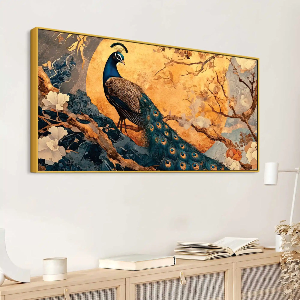 Elegant Royal Peacock Under a Golden Full Moon Canvas Wall Painting
