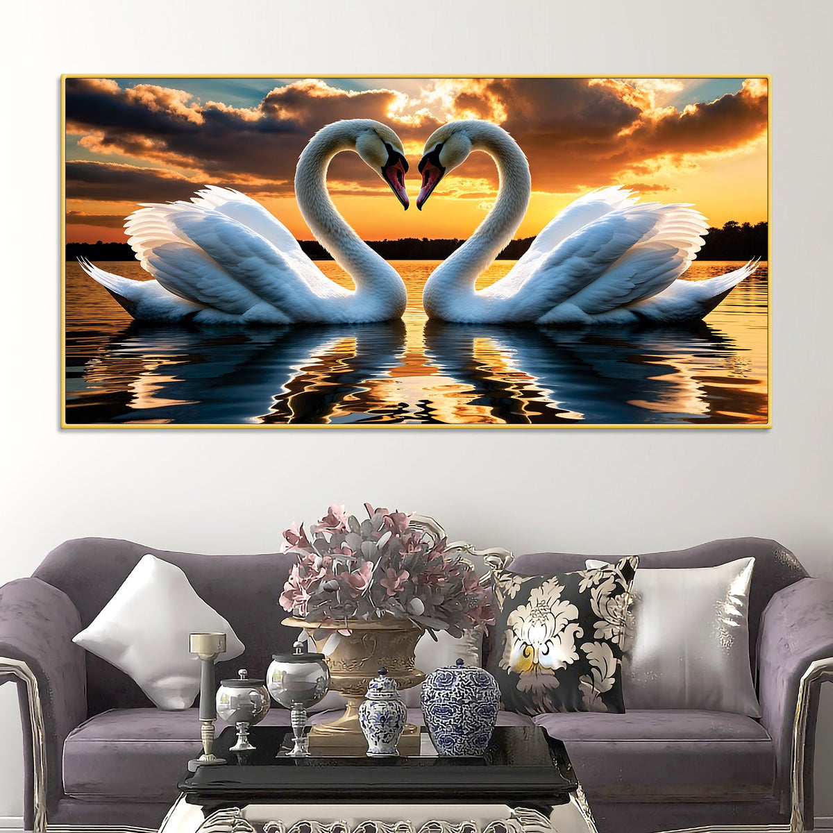Elegant Swan Couple Wall Painting for Luxury Home Décor