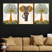 Elegant Tree of Life with Artistic Elephant Floating Frame Crystal Wall Painting Set of 3