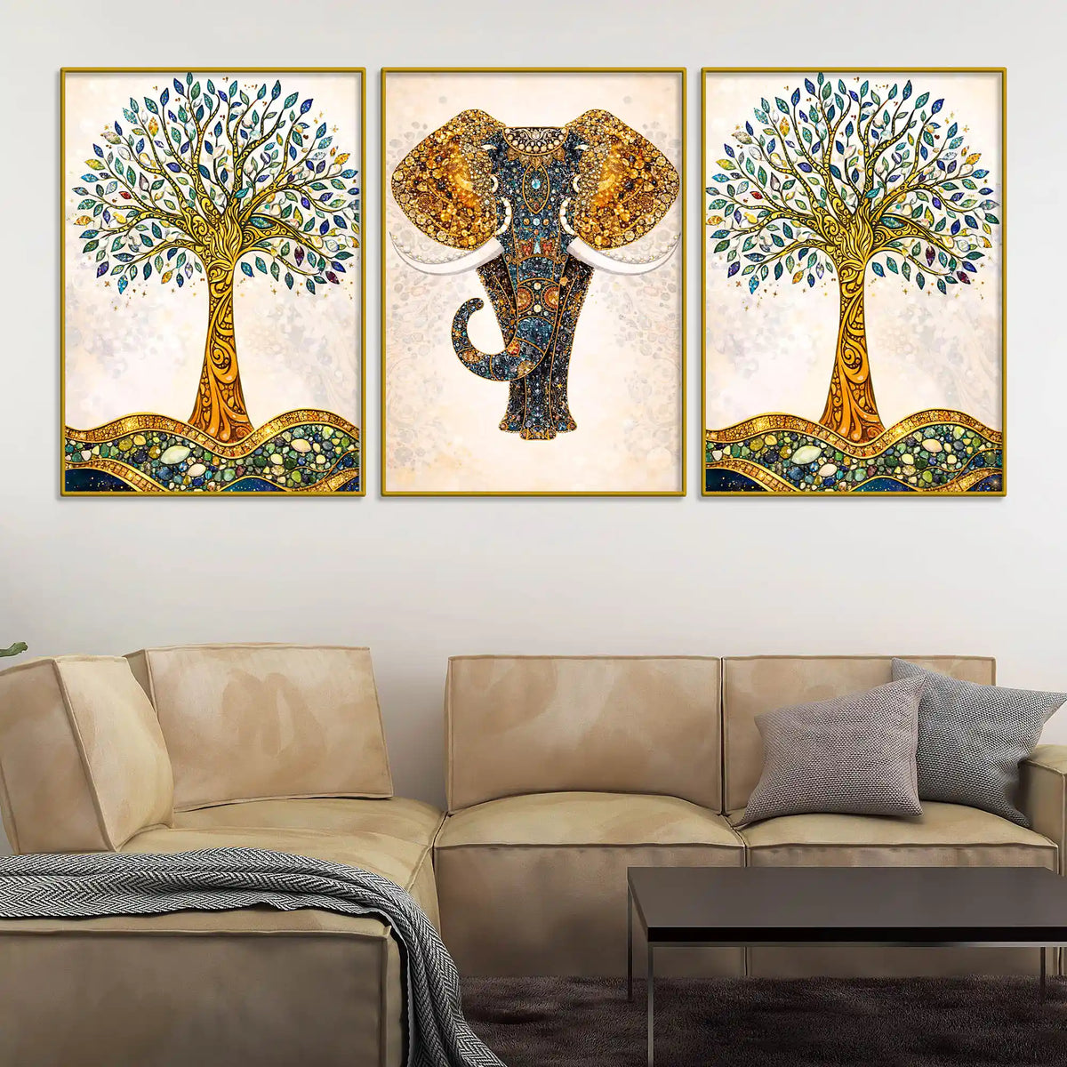 Elegant Tree of Life with Artistic Elephant Floating Frame Crystal Wall Painting Set of 3