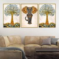 Elegant Tree of Life with Artistic Elephant Floating Frame Crystal Wall Painting Set of 3