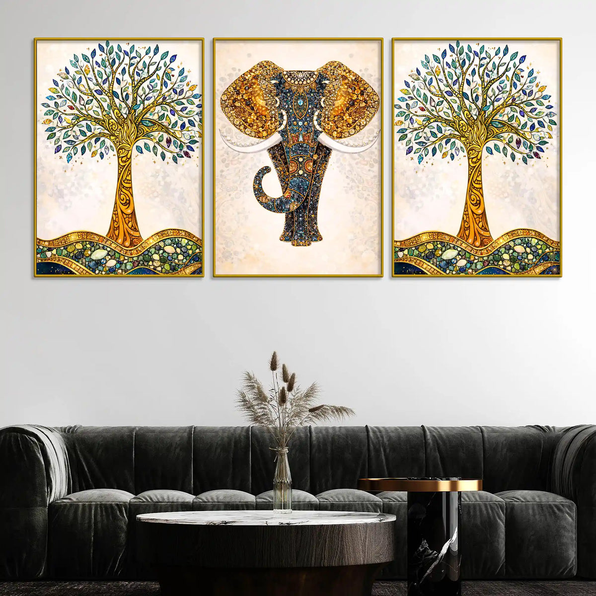 Elegant Tree of Life with Artistic Elephant Floating Frame Crystal Wall Painting Set of 3