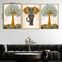 Elegant Tree of Life with Artistic Elephant Floating Frame Crystal Wall Painting Set of 3