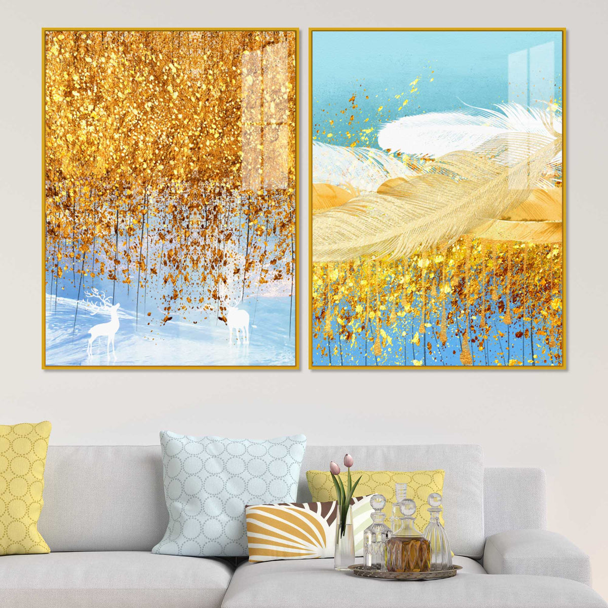 Elegant White Deer and Golden Feather Premium Acrylic Floating Wall Painting Set of 2