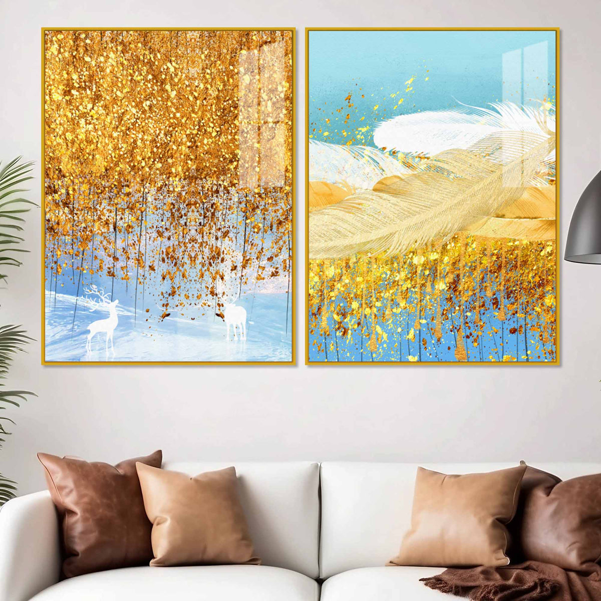 Elegant White Deer and Golden Feather Premium Acrylic Floating Wall Painting Set of 2