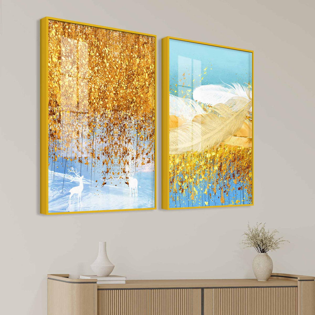 Elegant White Deer and Golden Feather Premium Acrylic Floating Wall Painting Set of 2