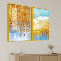 Elegant White Deer and Golden Feather Premium Acrylic Floating Wall Painting Set of 2