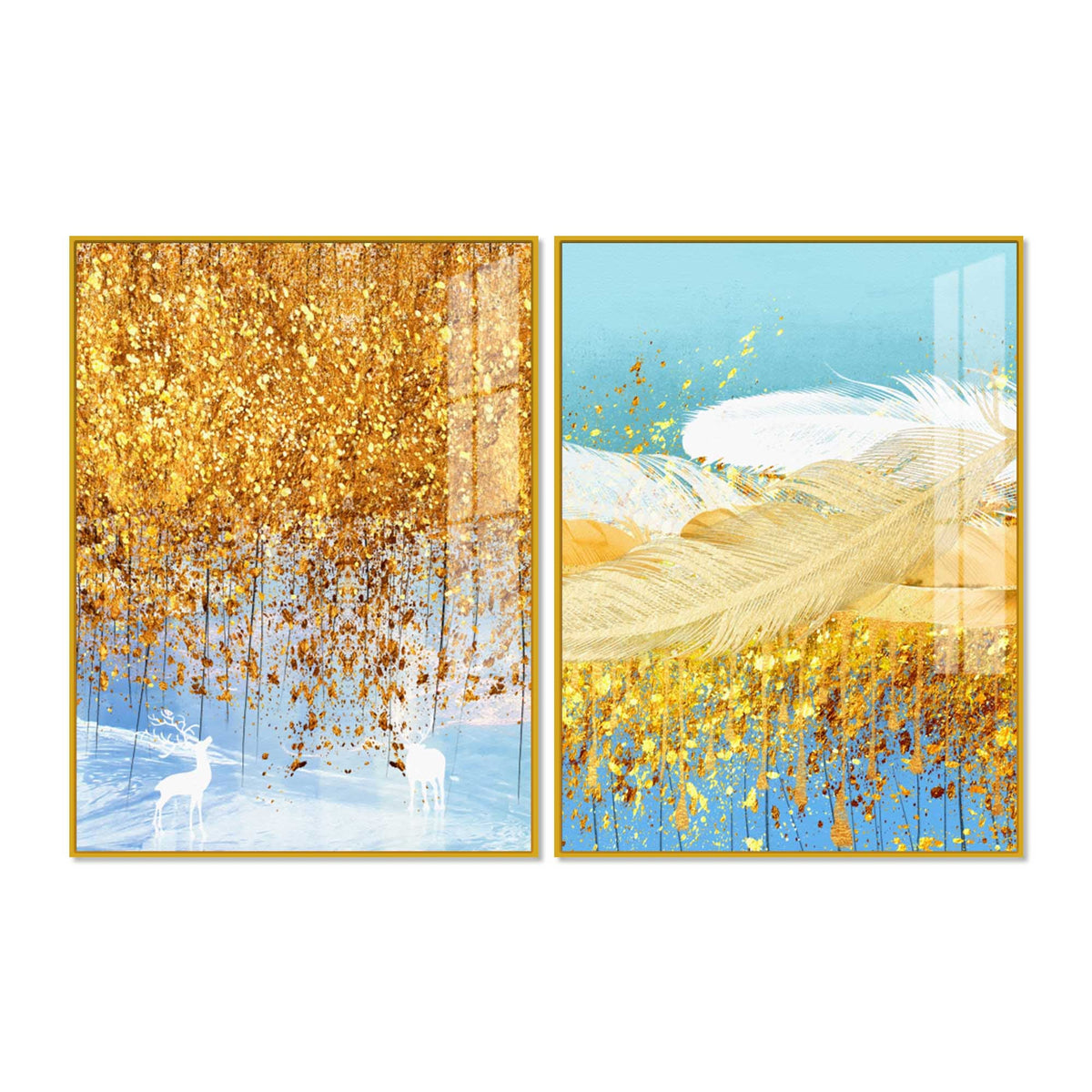 Elegant White Deer and Golden Feather Premium Acrylic Floating Wall Painting Set of 2