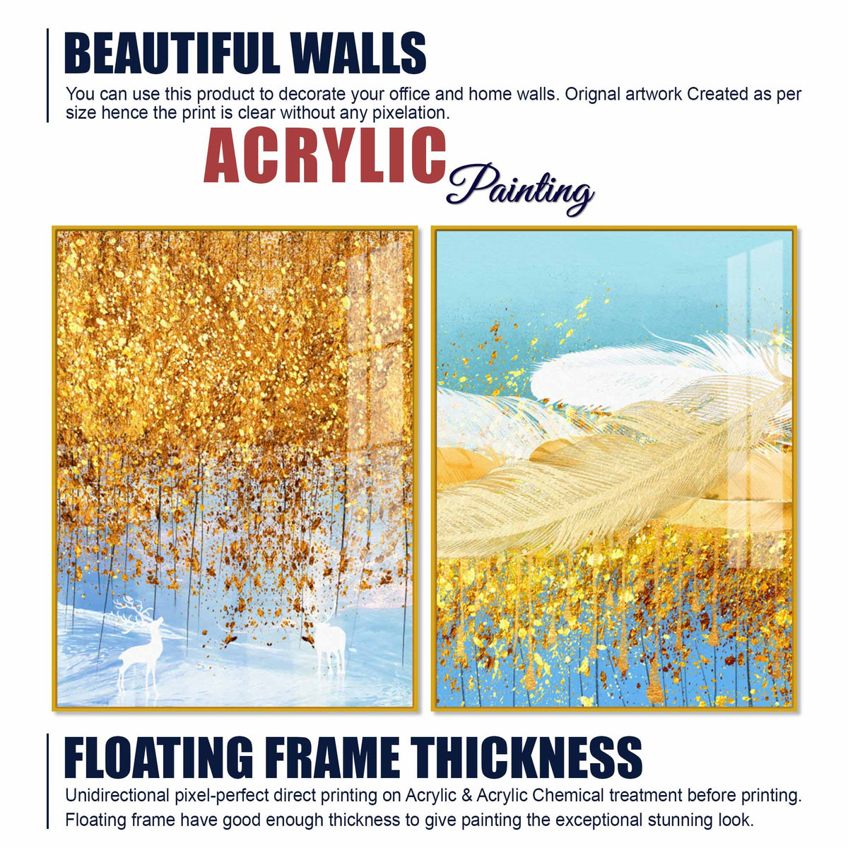 Elegant White Deer and Golden Feather Premium Acrylic Floating Wall Painting Set of 2