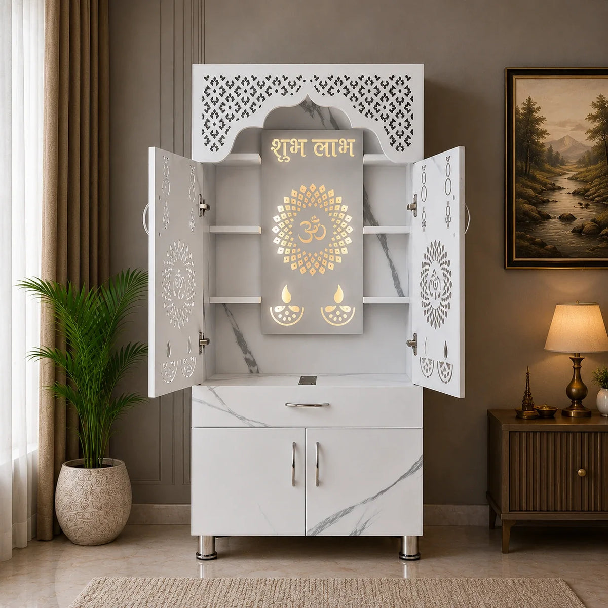 Elegant White Marble Finish Wooden Temple with LED OM Back Panel & Spacious Storage for Home & Office