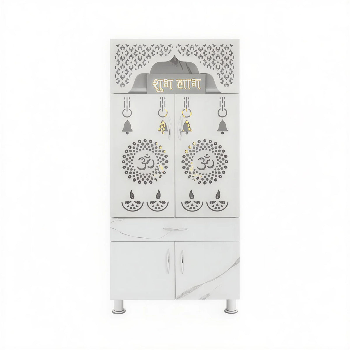 Elegant White Marble Finish Wooden Temple with LED OM Back Panel & Spacious Storage for Home & Office